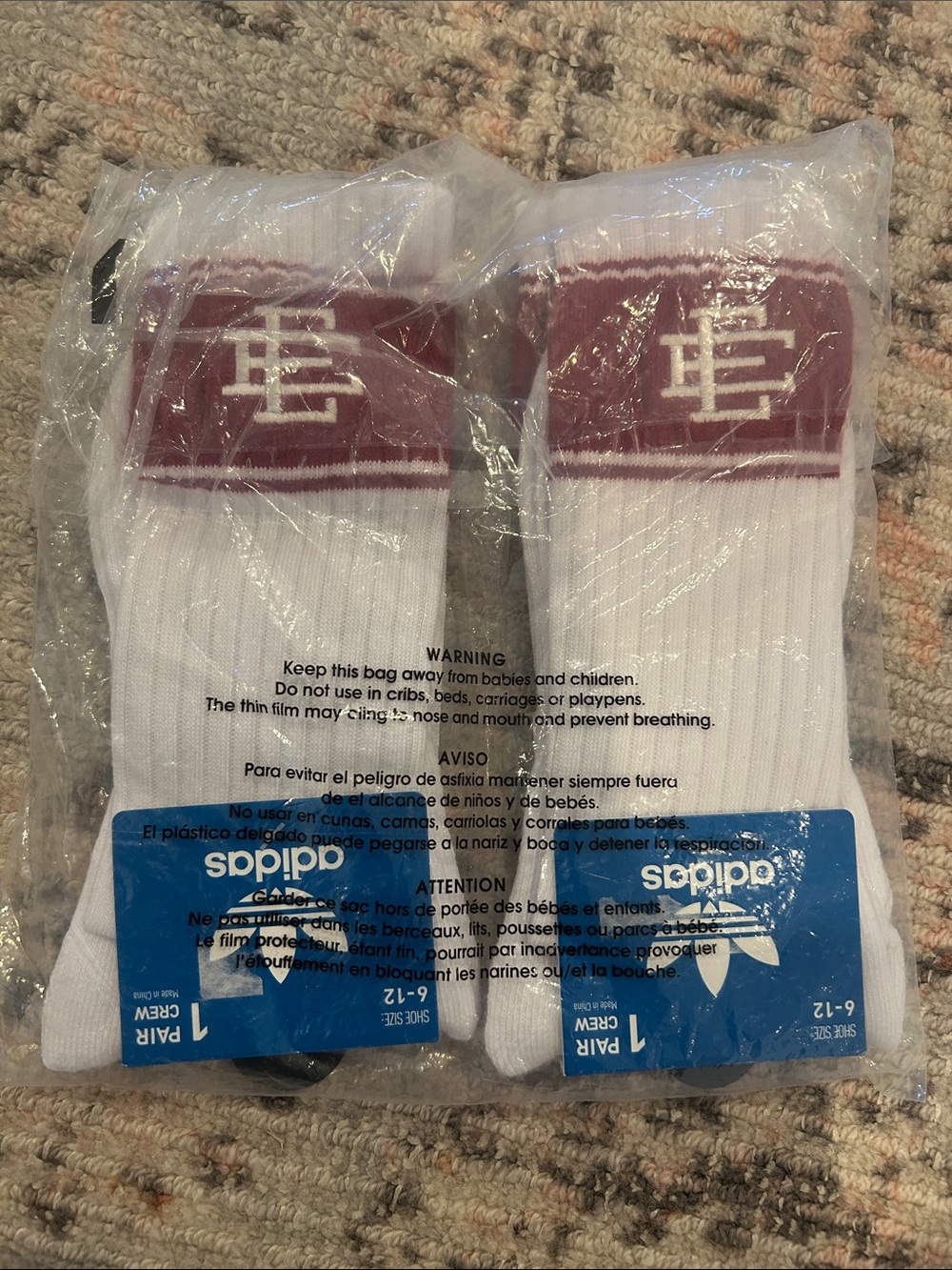 Eric Emanuel for adidas White Crew Athletic Socks with Maroon Logo - 2 Pair